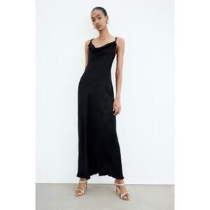 Zara Satin Midi Slip Dress Cowl Neck and Back Black Classic NEW with Tags